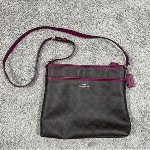 Coach Signature Zip File Coated Canvas Crossbody Purse Bag Brown